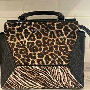Michael Kors Brown and Black Satchel with Animal Print